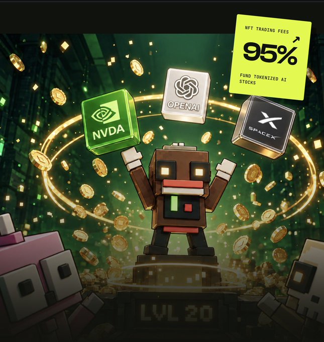 A pixel-art promotional graphic shows a robot character on a pedestal labeled 'LVL 20' surrounded by gold coins, with floating cubes displaying 'NVDA', 'OPENAI', and 'SPACEX' logos alongside a yellow note advertising '95% NFT TRADING FEES' to 'FUND TOKENIZED AI STOCKS'.