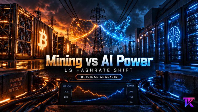 A digital illustration contrasting Bitcoin mining infrastructure (left, glowing orange with "B" logos and "POWER FUELS BITCOIN" text) against AI data centers (right, glowing blue with brain icons and "POWER BUILDS INTELLIGENCE" text), featuring the headline "Mining vs AI Power - US HASHRATE SHIFT" and a graph showing hashrate declining as AI compute rises.

The image visually frames the post's thesis: AI data centers are competing with Bitcoin miners for US power capacity, contributing to the reported ~18% drop in US Bitcoin mining hashrate.