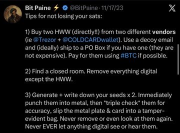 A tweet from Bit Paine (@BitPaine) dated 11/17/23 titled 'Tips for not losing your sats,' offering advice on hardware wallet usage and seed phrase security.