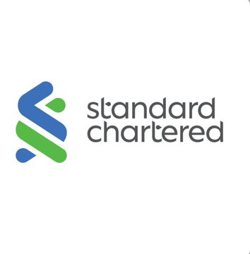 The Standard Chartered logo is displayed with its blue and green interlocking symbol alongside the company name text on a white background.