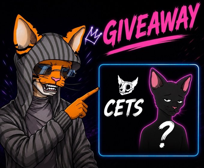 A stylized orange cat character in a hoodie and sunglasses points to a neon "GIVEAWAY" banner promoting a @cetsfk FlashGiveaway featuring the CETS logo and a black cat silhouette with a question mark, tied to the post announcing a Sunday giveaway with a +0.5 SOL floor prize at 250 likes.