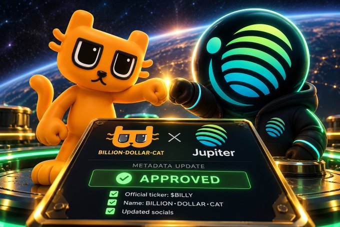 A digital illustration of a collaboration or approval between "BILLION·DOLLAR·CAT" and "Jupiter," showing the orange cat mascot and a futuristic teal-striped character bumping fists above a sign reading "APPROVED" for the official ticker $BILLY.
