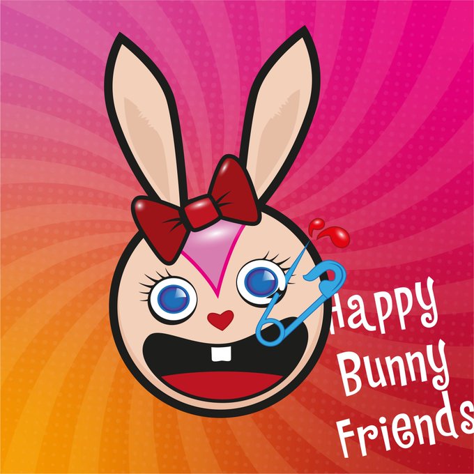 A cartoon bunny face with a red bow and a single tooth grins against a vibrant pink and orange sunburst background, paired with the playful text "Happy Bunny Friends." The cheerful illustration complements the warm "Happy Sunday, humans" greeting, spreading joyful weekend vibes.