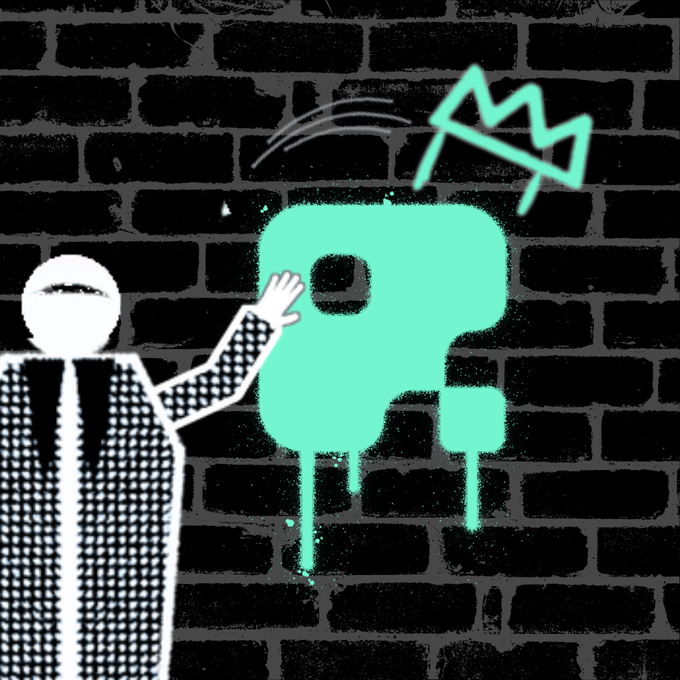 A black-and-white street art figure with a patterned jacket reaches up to tag a brick wall with a glowing turquoise "R" graffiti piece topped by a crown, symbolizing the act of claiming a throne. The image visually reinforces the post's theme of staking a claim in the next era of finance by literally marking the wall with a royal symbol, inviting followers to answer who deserves the crown.