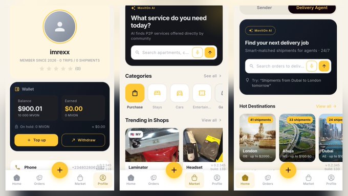 Three mobile app interface screens for 'MaxiOn AI' showing a user profile for 'imrexx', a service marketplace with categories like Purchase and Stays, and a delivery agent job search.