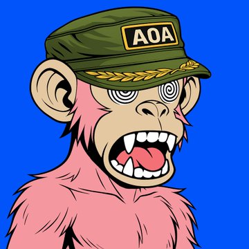 Cartoon pink monkey with spiral eyes, wearing a green military cap with 'AOA' on the patch, against a blue background.