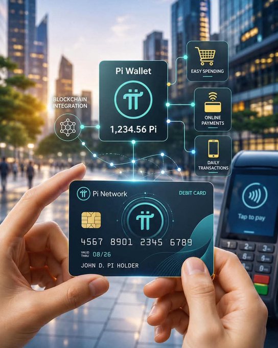 A person holds a Pi Network debit card displaying "Pi Network" and "John D. Pi Holder" alongside a digital "Pi Wallet" showing "1,234.56 Pi," with icons for "Easy Spending," "Online Payments," and "Daily Transactions" floating above a payment terminal reading "Tap to pay." The image illustrates the real-world payment potential Nicolas Kokkalis envisions for Pi—bridging the digital wallet to everyday commerce like a future "Pay with Pi" button on platforms such as Amazon.
