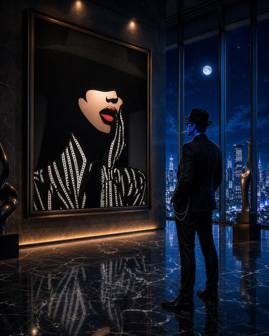 A man in a pinstripe suit and fedora smokes a cigarette while gazing at a large stylized portrait of a mysterious woman in a striped garment, with a moonlit city skyline visible through the floor-to-ceiling windows.