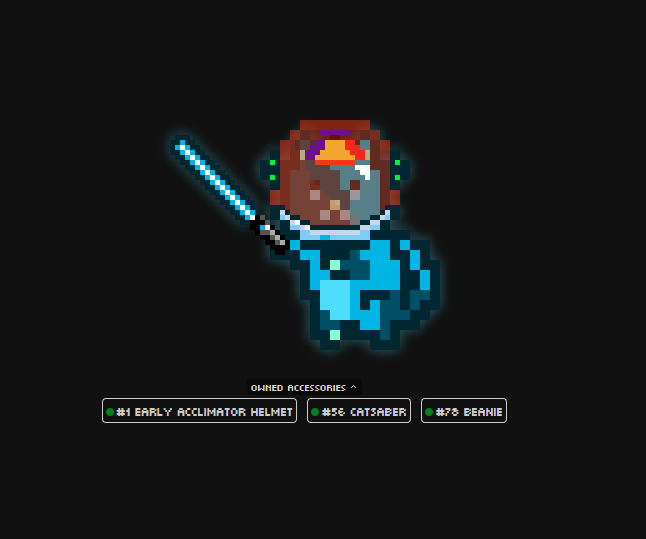 A pixel-art character wearing a helmet and holding a blue lightsaber, with owned accessories listed as '#1 EARLY ACCLIMATOR HELMET', '#36 CATSABER', and '#78 BEANIE'.