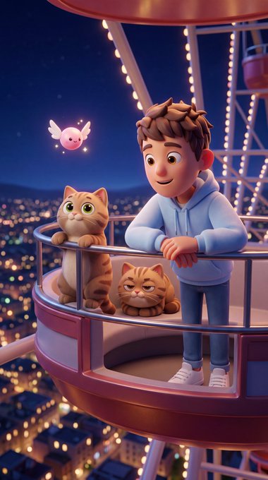 3D animated scene of a smiling boy in a blue hoodie with two tabby cats inside a Ferris wheel gondola at night, accompanied by a small pink glowing winged creature, with a city skyline below.