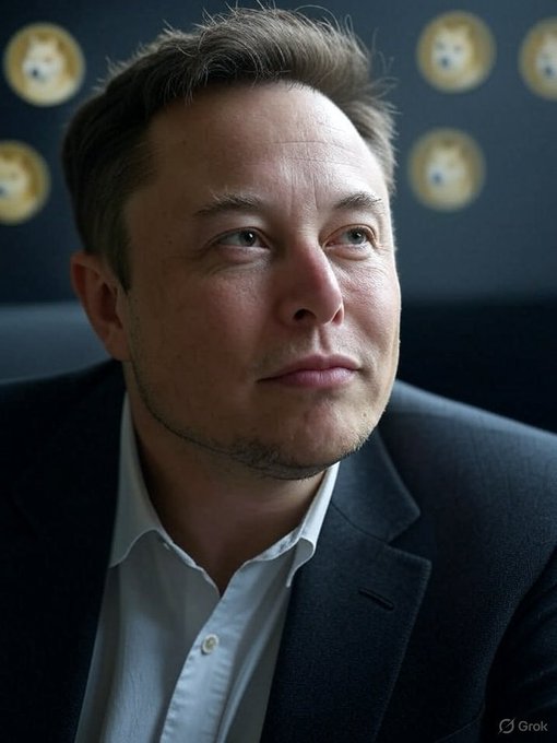 A Grok-generated portrait of a man resembling Elon Musk wearing a dark suit and white shirt, with a 'Grok' watermark in the bottom right corner.