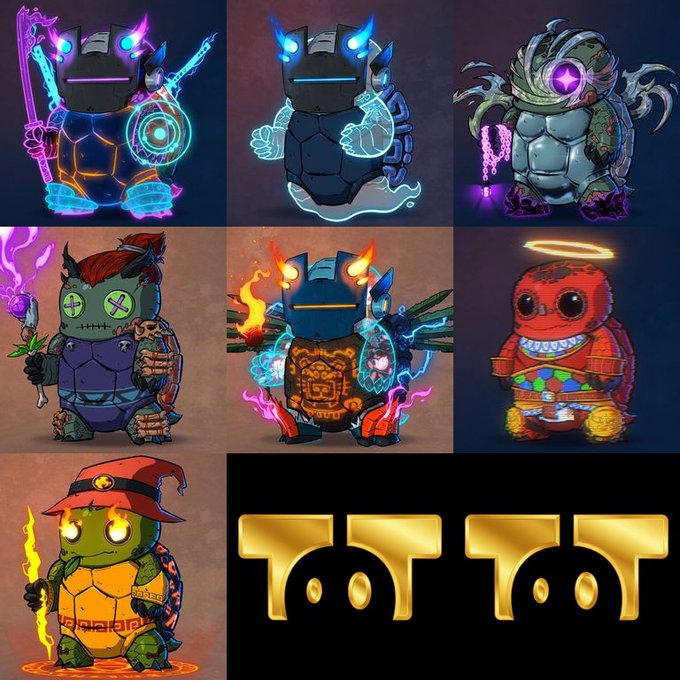 A collage of seven stylized turtle characters with glowing eyes, magical weapons, and elaborate designs in various color schemes (blue, green, red, yellow, and others), alongside a gold "TT" logo, likely depicting collectible NFT turtles from the "Forever Mint" project referenced in the promotional text.
