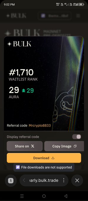 The image shows a cell phone screen displaying information about a bulk trade, including its progress update and the user's rank within the waitlist. The text indicates that the user has been assigned #1,710 in the waitlist, which means they have secured their spot as an early supporter of BULK and are excited to be part of this new trading platform.