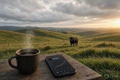 A scenic landscape with a cup of coffee and a smartphone resting on a wooden table, with a horse grazing in the grassy hills at sunset.