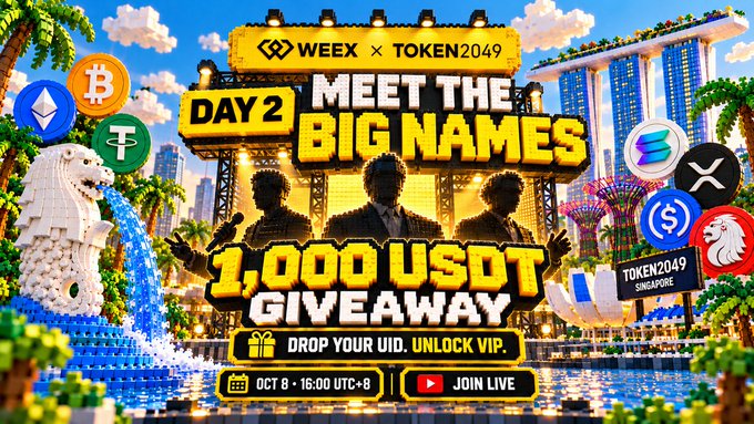 A promotional graphic for Day 2 of WEEX × TOKEN2049 in Singapore, featuring a 3D pixel-art style with the Merlion, Marina Bay Sands, and major crypto icons (BTC, ETH, XRP, XRP, W, SOPR, etc.) surrounding a "1,000 USDT Giveaway" banner, with silhouettes of speakers on stage and details to join live on Oct 8 at 16:00 UTC+8 by dropping a UID in chat.