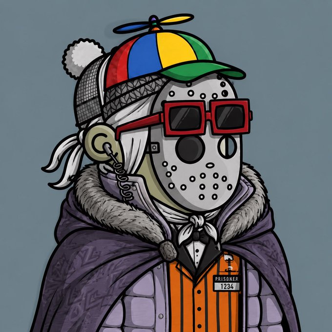 A cartoon figure wears a hockey mask, red sunglasses, and a propeller beanie over a prisoner uniform with a "PRISONER 1234" badge, while wrapped in a fur-lined cape. The whimsical "prisoner" costume visually mirrors the poster's request for points from @npconchain, playing on a quirky, contained character to ask for rewards.