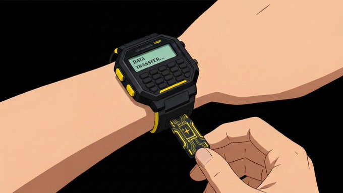 The image shows a person's wrist with a watch displaying "Good morning" and "Welcome to the first week of June." The watch also has a USB drive attached, which could be used for various purposes such as transferring files or connecting to other devices. The background is black, making it easy to focus on the watch and its features.