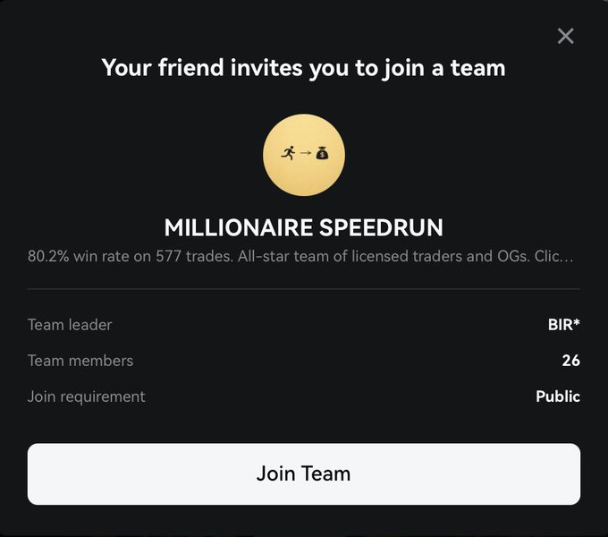 A pop-up invitation to join "MILLIONAIRE SPEEDRUN," a public team led by BIR* with 26 members and an 80.2% win rate on 577 trades, ties directly to the post's pitch encouraging followers to join SatoshiFlipper's experienced squad aiming for top leaderboard placement.
