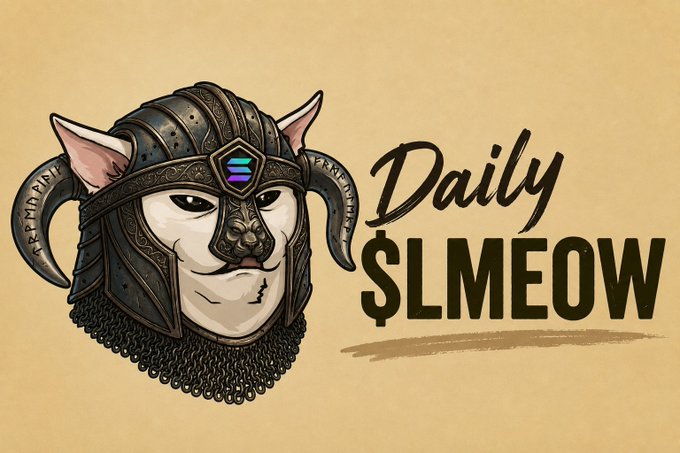 An illustrated graphic featuring a white cat wearing a dark medieval-style helmet with a Solana logo, alongside the text 'Daily $LMEOW' on a beige background.
