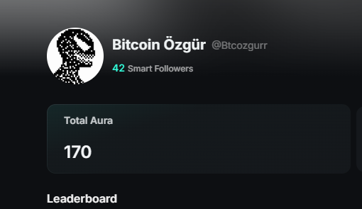 A social media profile card for 'Bitcoin Özgür' (@Btcozgurr) showing '42 Smart Followers' and a 'Total Aura' of '170' above a 'Leaderboard' section.