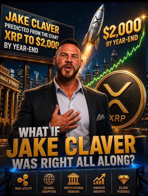 A promotional thumbnail featuring Jake Claver in a suit with his hand on his chest, set against a background showing a rocket launching past the XRP logo, Wall Street buildings, and text declaring 'JAKE CLAVER PREDICTED FROM THE START XRP TO $2,000 BY YEAR-END' with 'WHAT IF JAKE CLAVER WAS RIGHT ALL ALONG?' at the bottom.