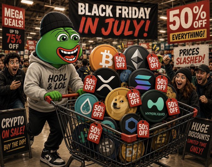 Humorous illustration of a Pepe-style green character in a "HODL & LOL" hoodie pushing a shopping cart full of cryptocurrency tokens at a "BLACK FRIDAY IN JULY!" crypto sale.