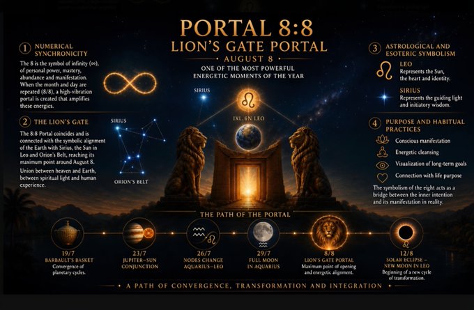 The image is an infographic titled "PORTAL 8:8 LION'S GATE PORTAL," dated August 8, illustrating the astrological alignment of Sirius, Orion's Belt, and the Sun in Leo, with two lion statues flanking a glowing portal. It details a "Path of the Portal" timeline marking key dates from July 19 (Barbrahand's Basket) through August 12 (Solar Eclipse), emphasizing themes of cosmic convergence, transformation, and manifestation that align with the post's message about new light creation during this sacred astrological window.