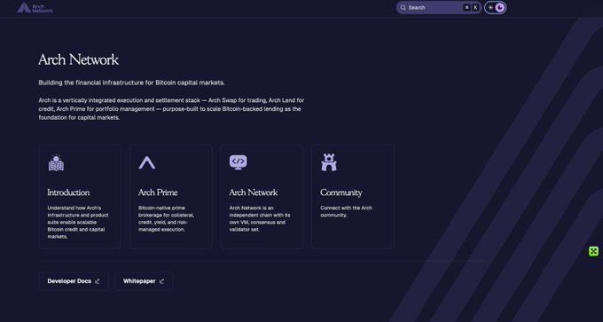 A webpage screenshot for 'Arch Network' describing it as a financial infrastructure for Bitcoin capital markets, featuring sections for Introduction, Arch Prime, Arch Network, and Community, with branding by 'Arch Network'.