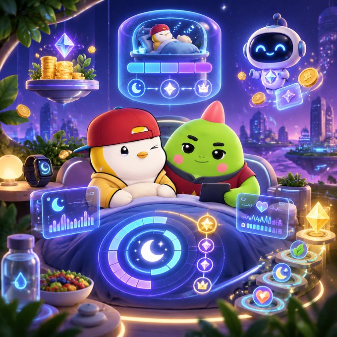 A vibrant digital illustration showing cartoon penguin and dinosaur characters in a futuristic sleep-tracking scene with holograms, coins, and a sleep statistics interface with moon and crown icons.