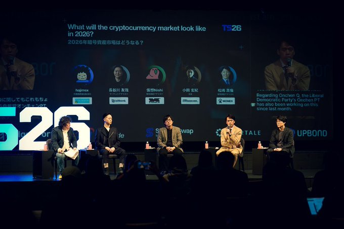Panel discussion at a TS26 crypto conference with the question 'What will the cryptocurrency market look like in 2026?' displayed above four seated speakers, with sponsors like Upbit, bitbank, and bitflyer.