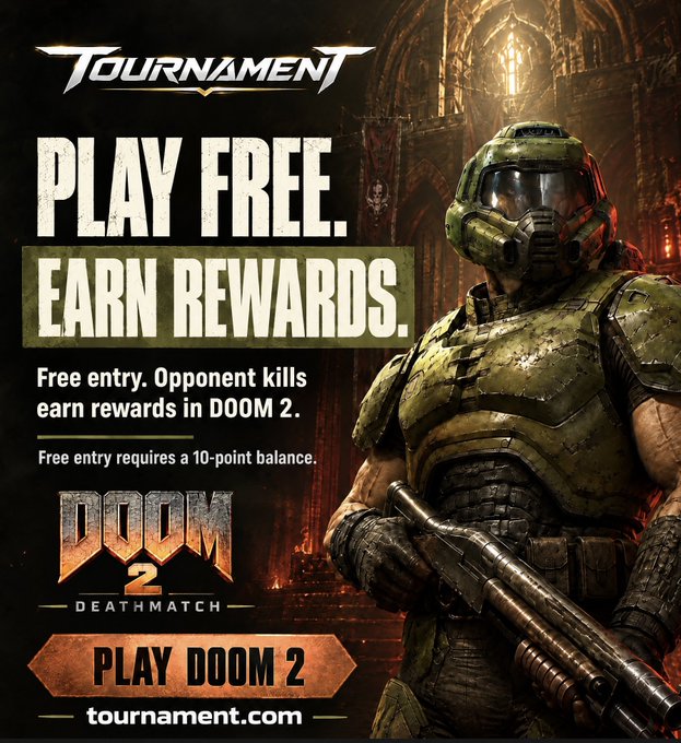 A promotional Tournament.com ad features the Doom Slayer in green armor against a gothic backdrop, advertising a free-entry Doom 2 Deathmatch tournament where opponents killed earn rewards, requiring a 10-point balance, with a call to "PLAY FREE. EARN REWARDS." at tournament.com—tying into the "$500" cash prize announcement through its reward-based gaming promotion.