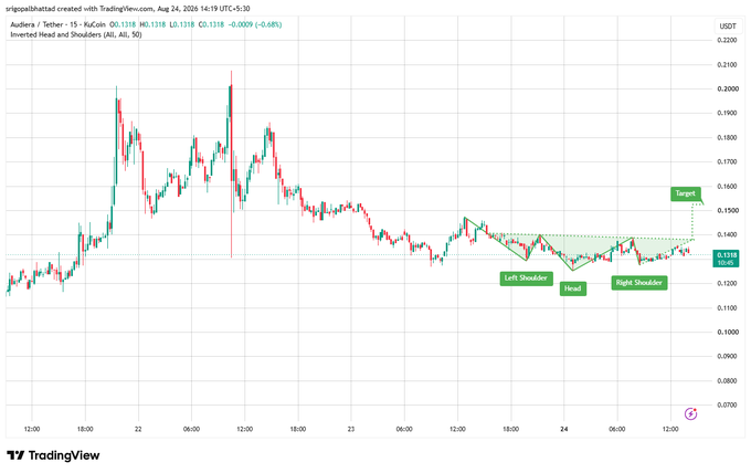 A TradingView candlestick chart for Audier/Tether (AUD/USDT) showing an Inverted Head and Shoulders pattern with labeled Left Shoulder, Head, Right Shoulder, and Target markers.