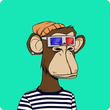 Illustration of a Bored Ape-style NFT character wearing an orange beanie, red and blue 3D glasses, and a black and white striped shirt against a teal background.