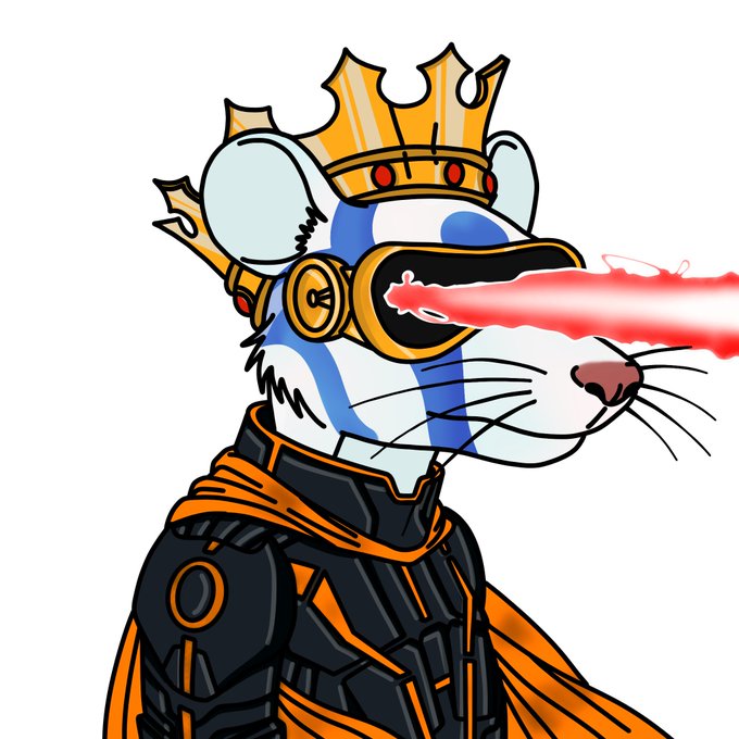A cartoon mouse wearing a golden crown and futuristic armor fires a red laser beam from its visor-like eyes, conveying a bold, meme-worthy aesthetic often associated with Web3 and NFT raffles. The image visually ties to the post by serving as attention-grabbing promotional art for the OMR EVO giveaway raffle.