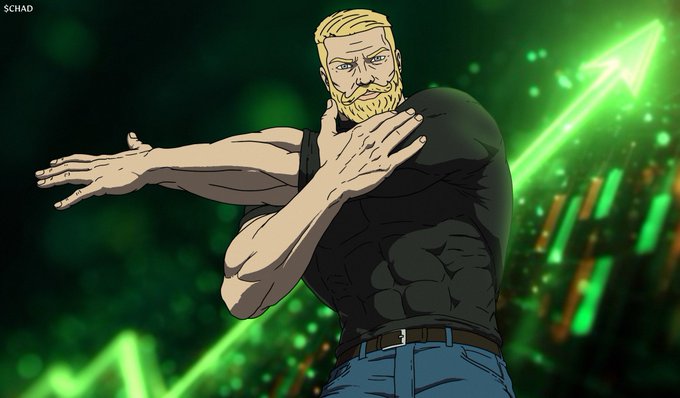 An animated illustration credited to 'SCHAD' depicts a muscular, bearded man in a black tank top standing in front of a glowing green line chart and rising arrow.