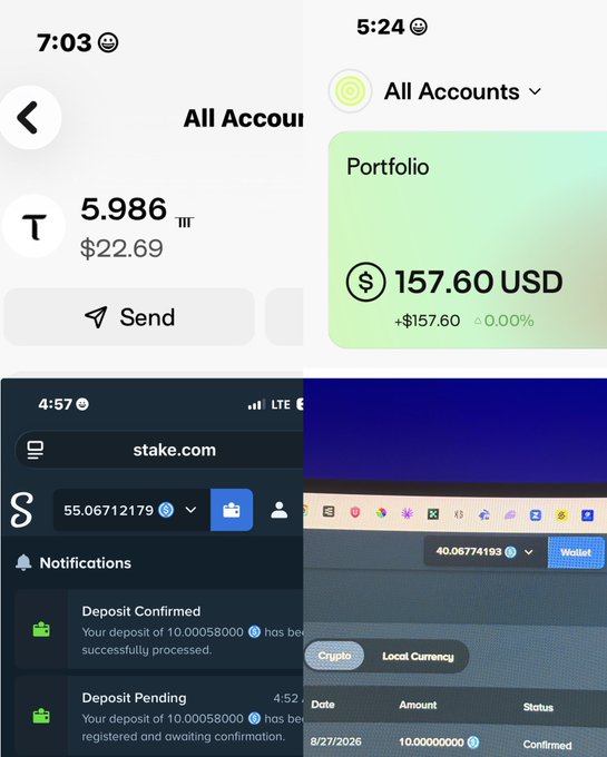 Collage of four cryptocurrency app screenshots: a wallet showing 5.986 T tokens ($22.69) with a Send button, a portfolio showing $157.60 USD, a stake.com notification confirming a deposit of 10.00058000, and a crypto transaction history showing a confirmed deposit.