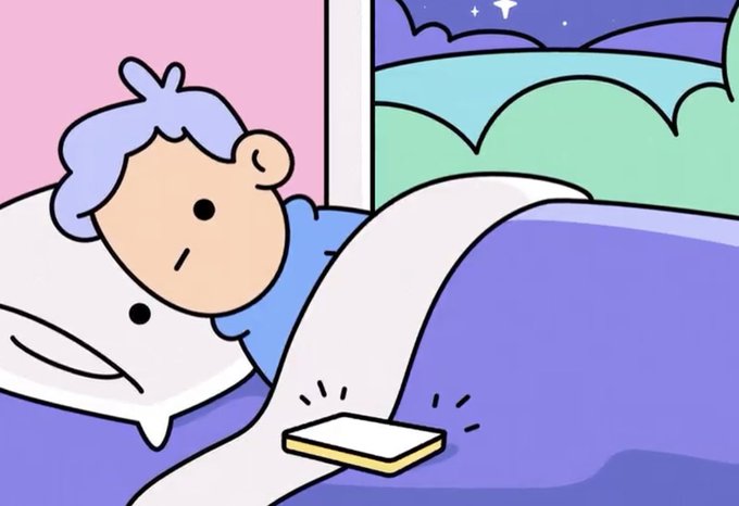 The image features a cartoon illustration of a person lying down in bed with their phone next to them, possibly checking or using an app. The scene takes place at night, as indicated by the presence of stars visible through the window. The overall atmosphere suggests that this could be a nighttime scene from a cartoon or comic strip.