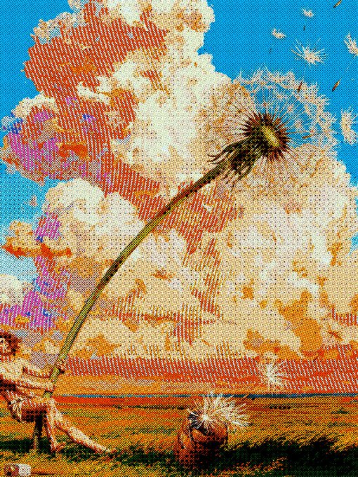 A stylized, halftone-printed image of a dandelion with seeds blowing in the wind against a blue sky and orange clouds.