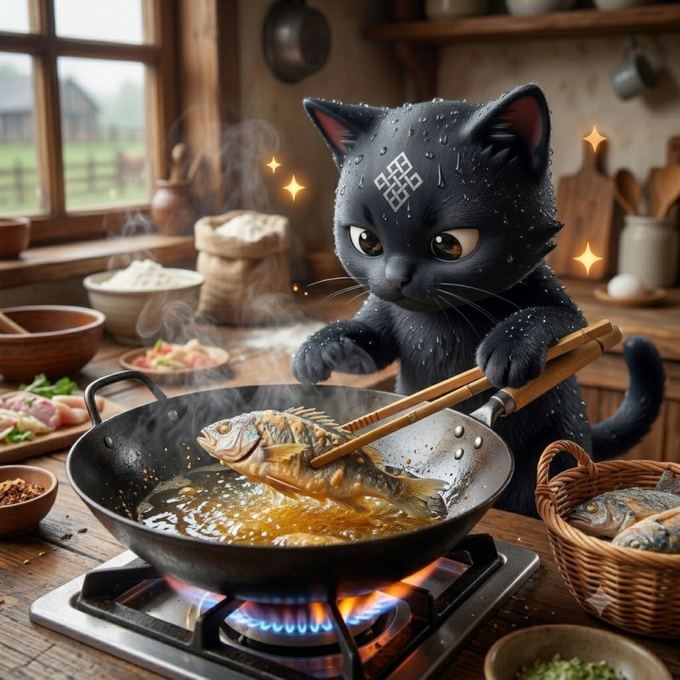 A black cartoon cat with sparkling eyes uses chopsticks to fry a fish in a wok over a gas stove in a rustic kitchen.