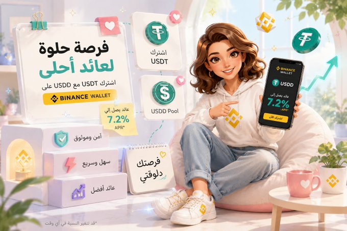 The image shows a cheerful young woman sitting on a bean bag holding a smartphone displaying "BINANCE WALLET" with a 7.2% APR offer on USDD, surrounded by Arabic text promoting a USDD subscription opportunity via USDT with features like "USDD Pool," "أمين وموثوق" (safe and trusted), "سهل وسريع" (easy and fast), and "عائد أفضل" (better returns), visually reinforcing the post's message about an accessible 7.2% APR earning opportunity through Binance Wallet.
