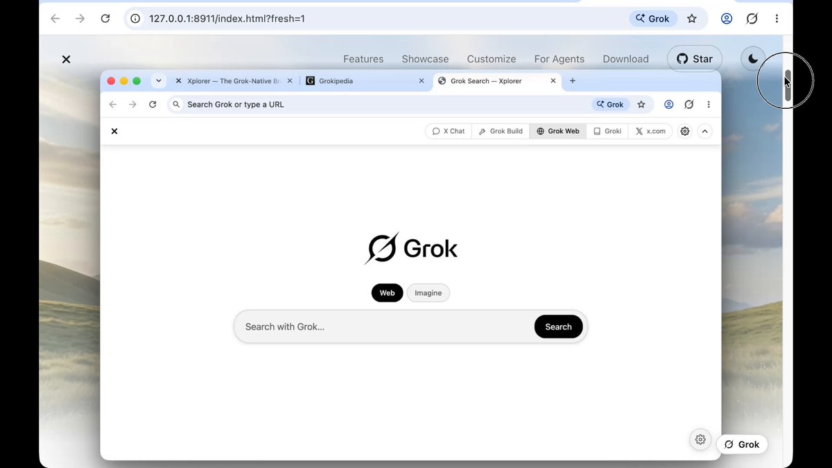 The image shows a computer screen displaying a web browser window with the word "Grok" written on it, indicating that Grok has its own web browser installed. The browser appears to be Chrome, as indicated by the presence of the Chrome experience in the description provided for the browser. The post also mentions an Xplorer browser and features a button labeled "Grok it".
