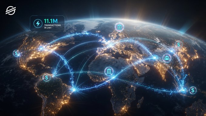 A digital graphic showing a globe with glowing blue connection lines spanning across continents, featuring icons of dollar signs, banks, and buildings, with a banner reading '11.1M TRANSACTIONS IN 24H' and a Stellar logo in the corner.
