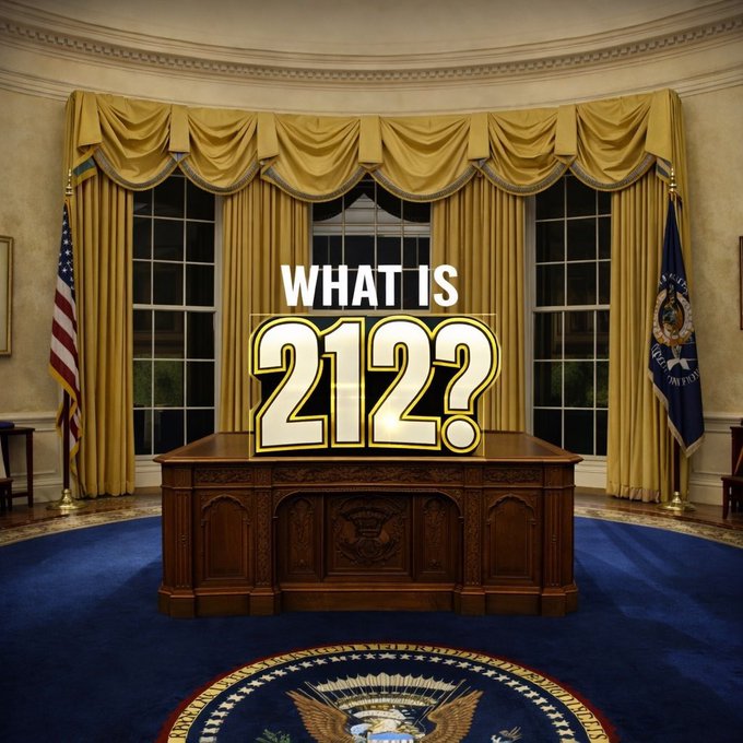A graphic asks "WHAT IS 212?" superimposed on a desk in the Oval Office, relating to the post's mention of the ticker symbol $212.