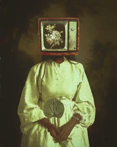 A woman in a flowing pale green dress holds a folded fan, her head replaced by a vintage television displaying a floral arrangement. The surreal, dreamlike composition aligns with the post's title "LIEBE TECHNIKFRAUEN," blending themes of femininity, technology, and nature in a striking art piece.