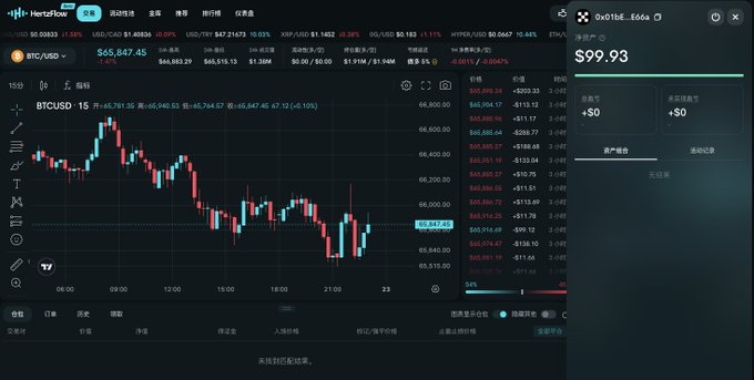 HertzTrade Pro interface showing BTCUSD 15-minute chart around 65,847.45 with a long position of 0x015E...E66a at $99.93 liquidation price.