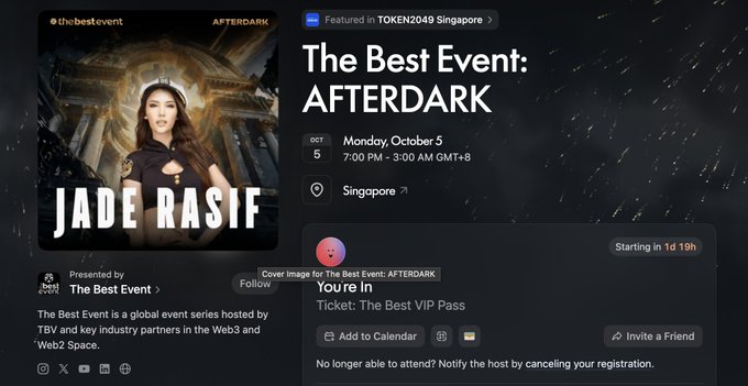 A promotional event page on TOKEN2049 Singapore for 'The Best Event: AFTERDARK' featuring Jade Rasif, scheduled for Monday, October 5, 7:00 PM - 3:00 AM GMT+8.