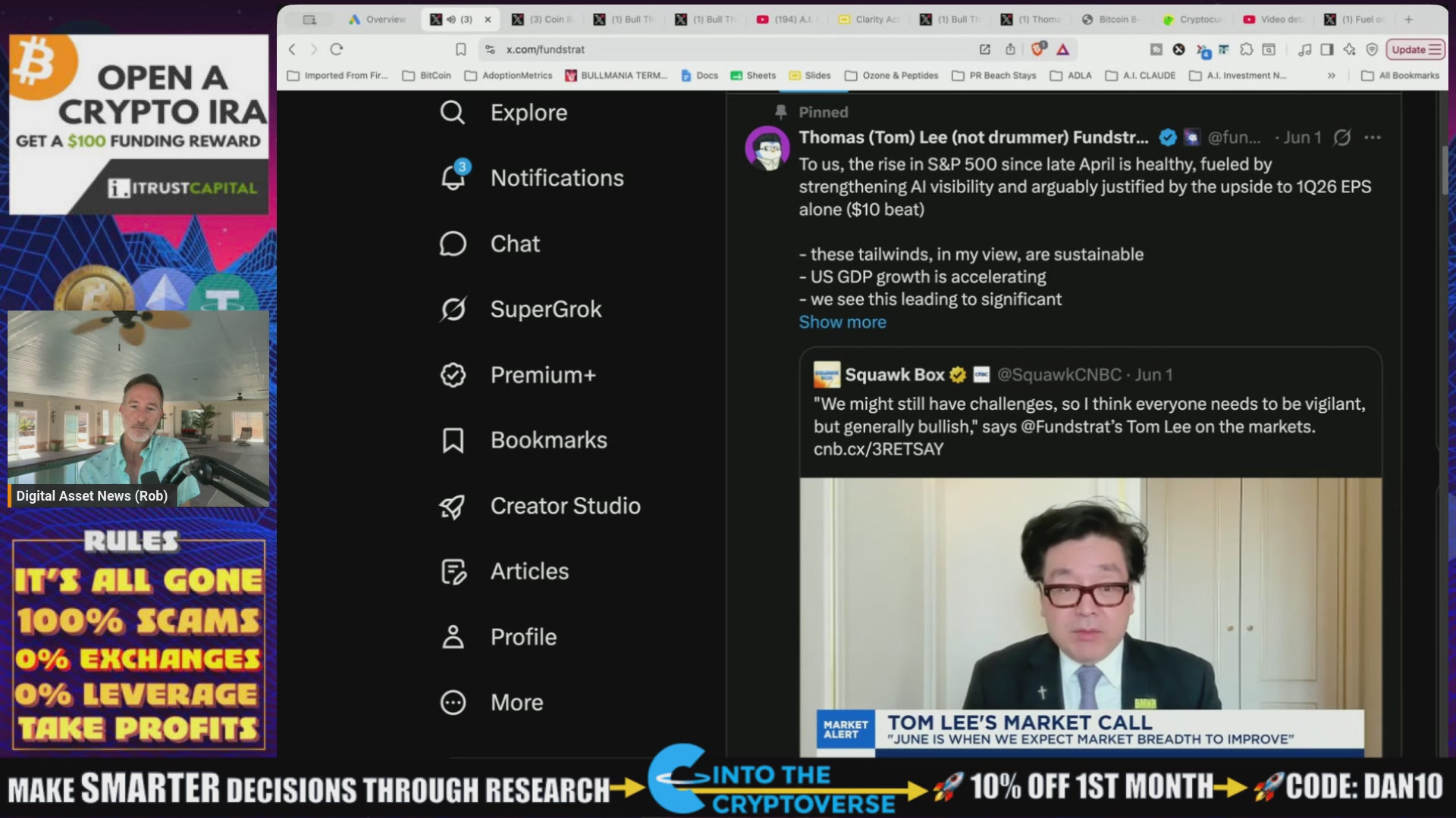 The image shows a computer screen with two posts displayed, one of which is about Bitcoin and cryptocurrency. The other post has an image of a man wearing glasses talking to someone else who appears to be wearing a suit. The text on the screen reads "When Perma-Bulls Turn Bearish. Bitcoin & Crypto Warning." This message suggests that there might be some warning or advice related to Bitcoin and cryptocurrency, possibly due to recent market trends or events.