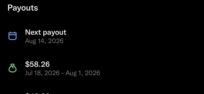 A payout summary screen showing a next payout date of Aug 14, 2026, and a recent payout of $58.26 from Jul 18, 2026 - Aug 1, 2026.