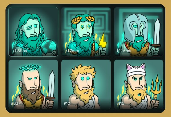 Six cartoonish Greek god character cards labeled Atlas (1/1), Zeus (1/1), Ares (1/1), and three numbered #337, #10, #15, all depicted with glowing teal auras.