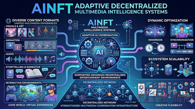 The image shows a detailed infographic that explains AINFT's adaptive centralized multimedia intelligence systems. It features various media elements such as videos, illustrations, and texts. The infographic illustrates how these systems can be used across multiple platforms, including video streaming, social networks, and interactive experiences. It also highlights the adaptive nature of the system, which can be adjusted based on user preferences or available resources to create a more seamless and engaging experience for the users.